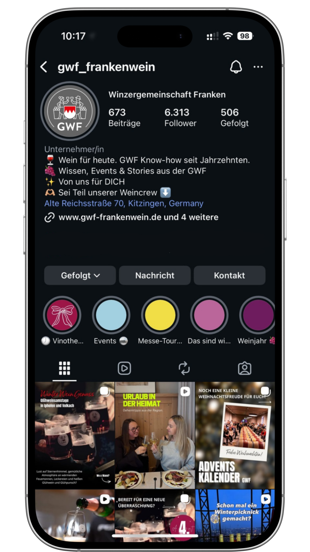 Screenshot. Dient der Information über die Social-Media-Präsenz der GWF. Instagram-Profil „gwf_frankenwein“ mit Logo, Profilbeschreibung und Beitragsübersicht zu Wein, Events und Aktionen. Quelle: GWF Frankenwein/Instagram